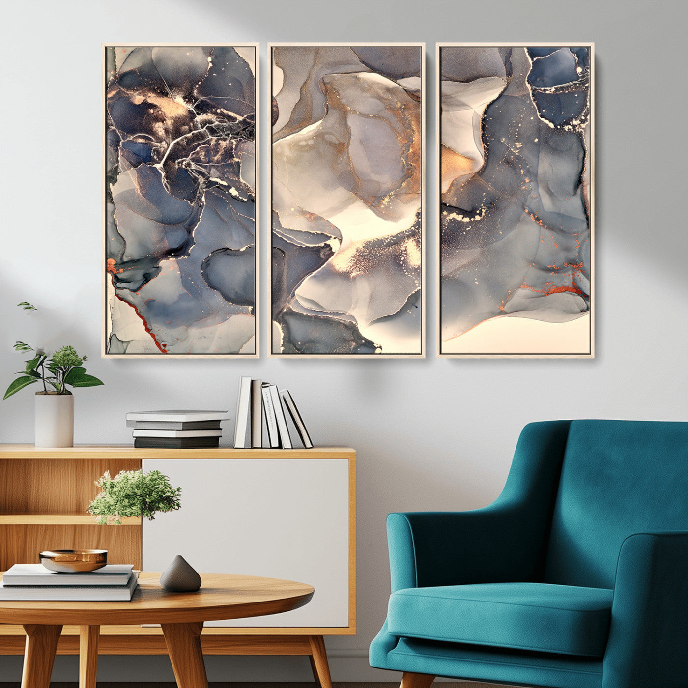 18202-MGV-CV-36X24-Abstract Neutral Wall Art – Blue, Beige and Gold Fluid Ink Canvas Print, Modern Minimalist Painting for Living Room, Office