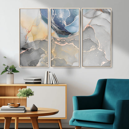 18176-MGV-CV-36X24-Abstract Fluid Wall Art – Modern Marble Ink Canvas Print with Blue, Gold, and Gray Tones, Contemporary Minimal Artwork Decor for