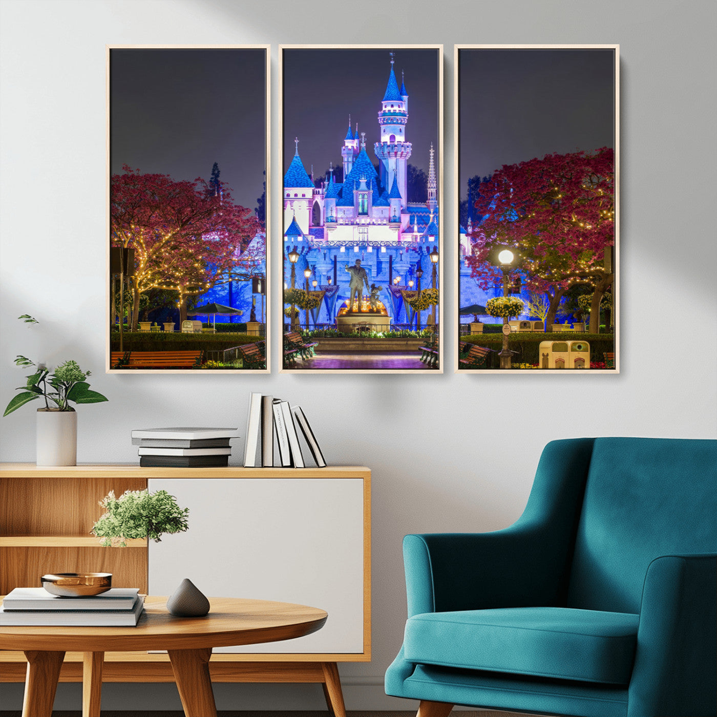 66710-MGV-FC-48X32-3P_Natural-Enchanted Castle Wall Art – Magical Night Scene Canvas Print with Glowing Lights, Fantasy Architecture Artwork for Living Room,