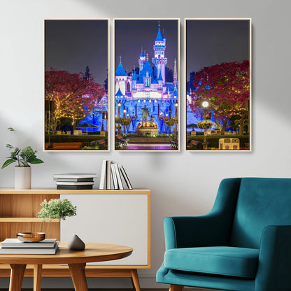 66710-MGV-FC-48X32-3P_Natural-Enchanted Castle Wall Art – Magical Night Scene Canvas Print with Glowing Lights, Fantasy Architecture Artwork for Living Room,