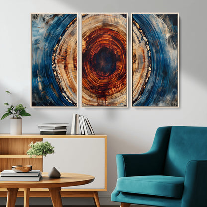 90395-MGV-CV-36X24-Tree Ring Wall Art – Abstract Wood Grain Canvas Print with Fiery Red and Blue Tones, Bold Rustic Nature Inspired Artwork Decor for