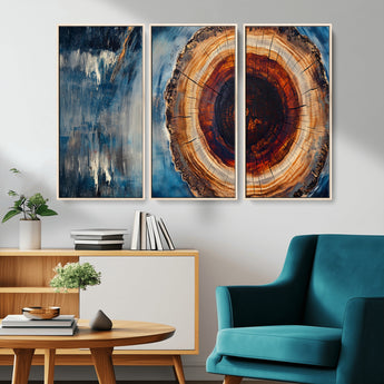 48045-MGV-CV-36X24-Tree Ring Abstract Wall Art – Rustic Wood Grain Canvas Print with Brown Center and Blue Brush Strokes, Nature Inspired Artwork for