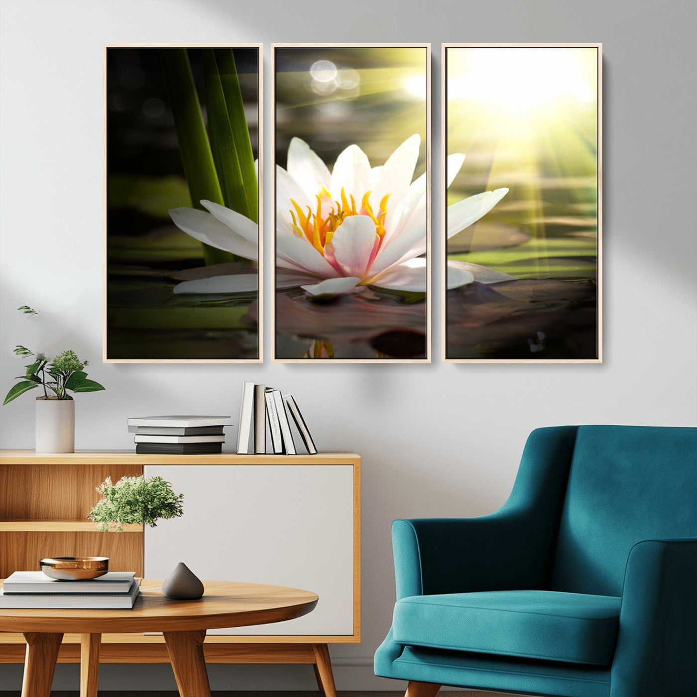 40478-MGV-CV-36X24-Water Lily Wall Art – White Lotus Flower Canvas Print with Sunlight Reflection, Serene Botanical Artwork for Living Room, Bedroom,