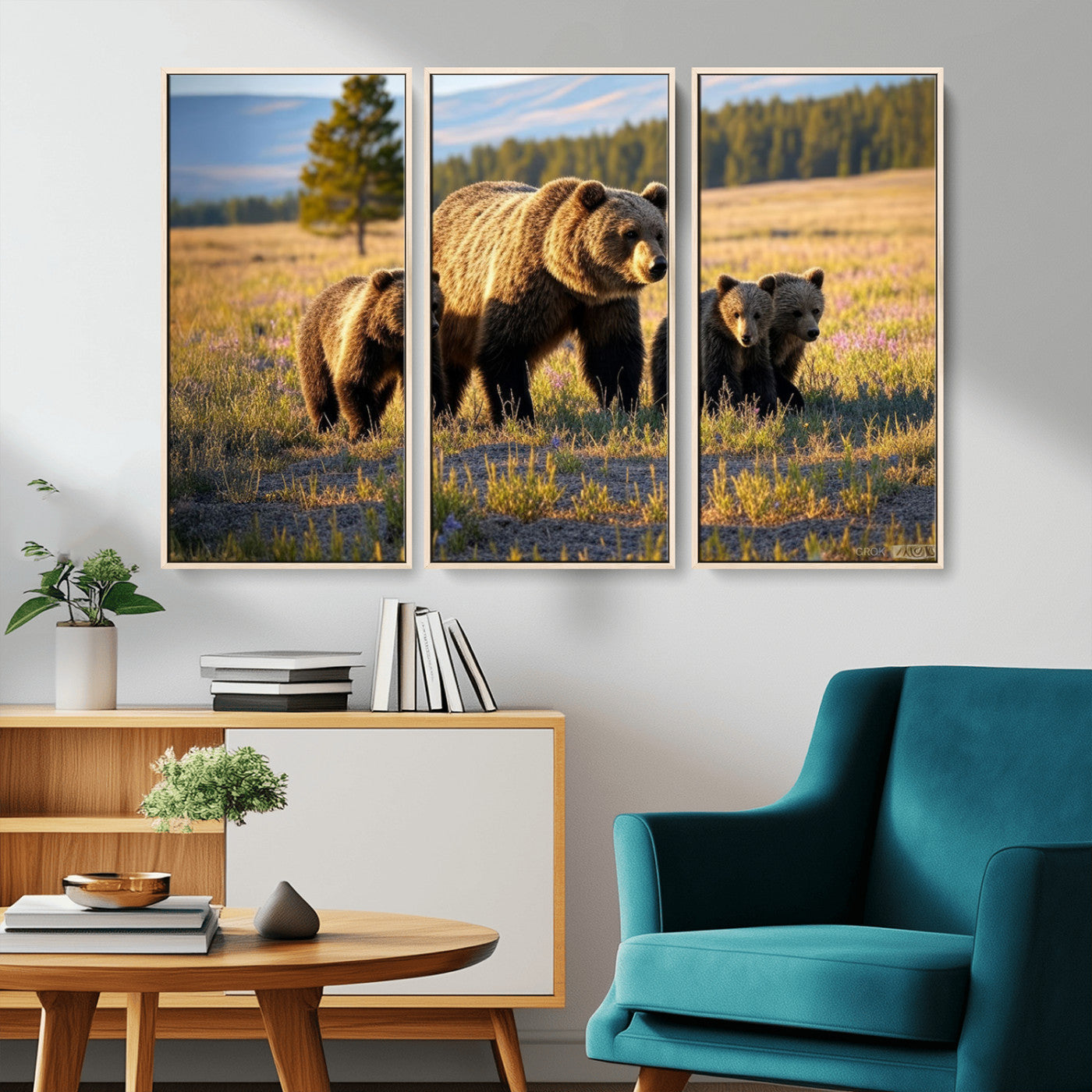 43400-MGV-CV-36X24-Bear Family Wall Art – Wildlife Canvas Print of Mother Bear with Cubs in Sunlit Meadow, Rustic Animal Artwork for Living Room,