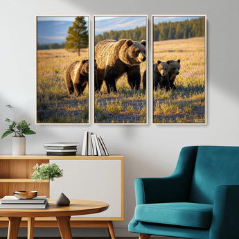 43400-MGV-CV-36X24-Bear Family Wall Art – Wildlife Canvas Print of Mother Bear with Cubs in Sunlit Meadow, Rustic Animal Artwork for Living Room,