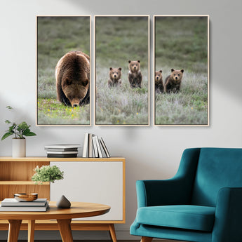 40555-MGV-CV-36X24-Bear Family Wall Art – Wildlife Canvas Print of Mother Bear with Four Cubs in Nature, Rustic Animal Artwork for Living Room,