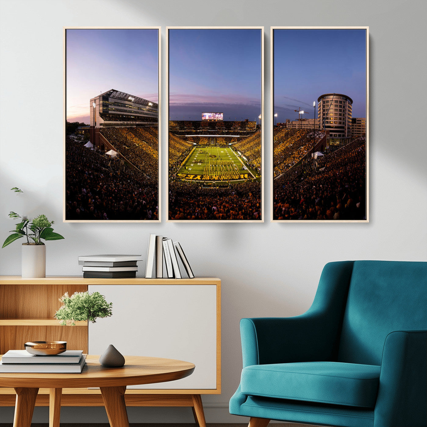 82557-MGV-CV-36X24-College Football Stadium Wall Art – Panoramic Sunset Canvas Print with Marching Band and Game Day Crowd, Sports Artwork for Man