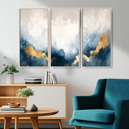 14578-MGV-FC-48X32-3P_Natural-Abstract Wall Art – Modern Canvas Print Featuring Blue and White Clouds with Golden Accents, Contemporary Elegant Artwork for