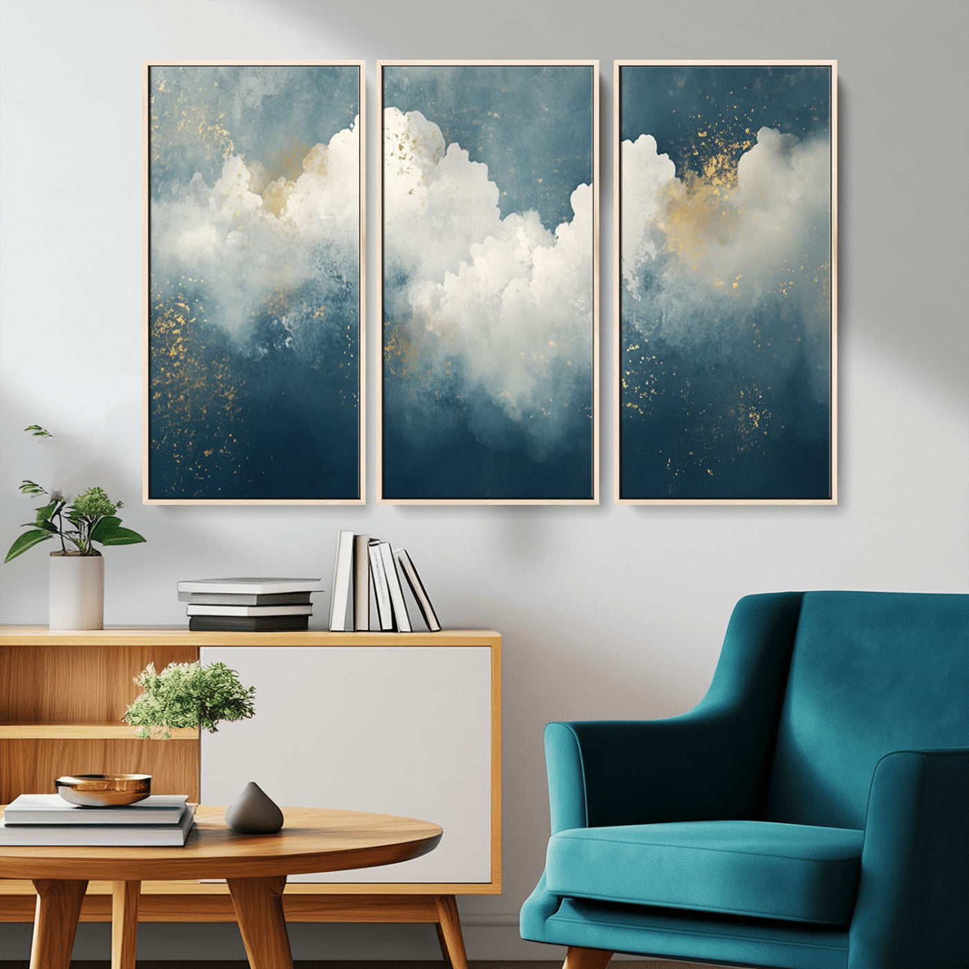 75131-MGV-CV-36X24-Abstract Cloud Wall Art – Modern Canvas Print Featuring Blue and White Clouds with Golden Accents, Contemporary Artwork for Living