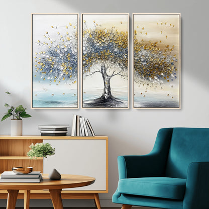 24771-MGV-CV-36X24-Silver Tree Wall Art Canvas Print, Framed Golden Leaves Art Picture Print, Metallic Tree Perfect Minimalist Luxury Decor Artwork