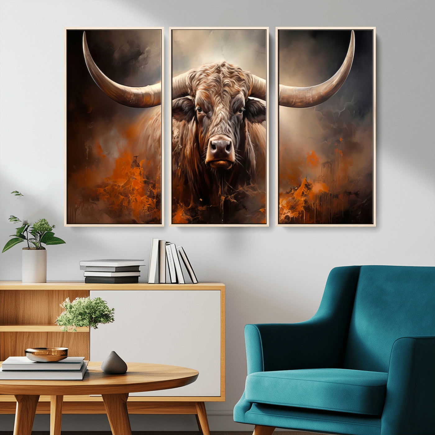 240479-MGV-CV-36X24-Longhorn Bull Wall Art – Dramatic Western Canvas Print Featuring Horned Bull with Fiery Background, Rustic Farmhouse Artwork for