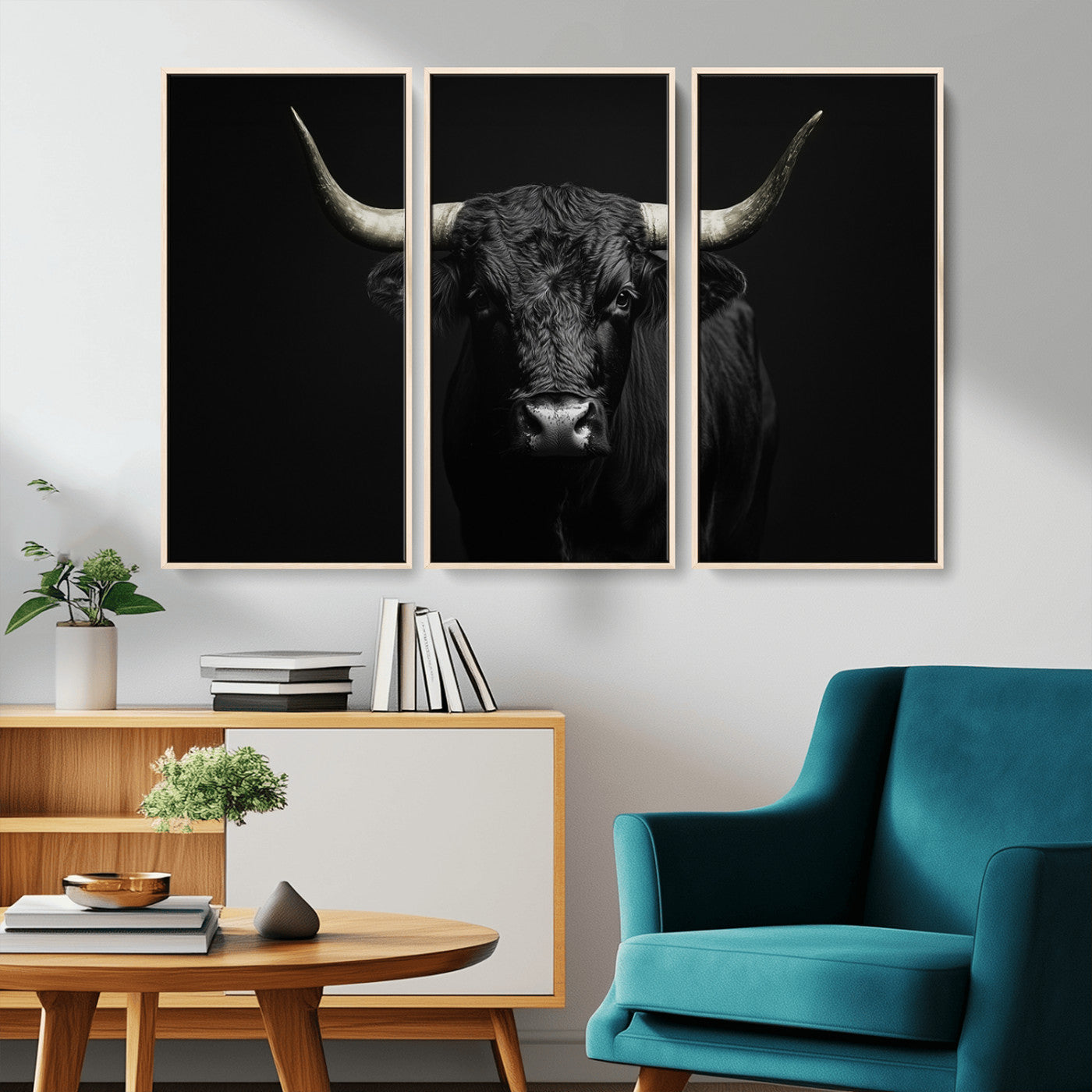 97914921-MGV-CV-36X24-Black Bull Wall Art Canvas Print, Framed Longhorn Bull Art Picture Print, Western Bull Perfect Monochrome Western Decor Artwork