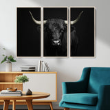 97914921-MGV-CV-36X24-Black Bull Wall Art Canvas Print, Framed Longhorn Bull Art Picture Print, Western Bull Perfect Monochrome Western Decor Artwork