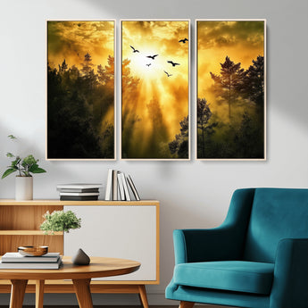 13776802-MGV-CV-36X24-Golden Forest Wall Art Canvas Print, Framed Sunset Pines Art Picture Print, Flying Birds Perfect Nature Glow Decor Artwork