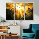 13776802-MGV-CV-36X24-Golden Forest Wall Art Canvas Print, Framed Sunset Pines Art Picture Print, Flying Birds Perfect Nature Glow Decor Artwork