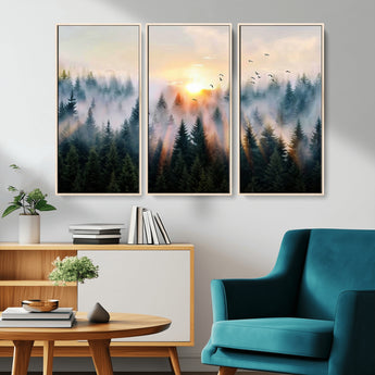 56391411-MGV-CV-36X24-Misty Forest Wall Art Canvas Print, Framed Sunrise Pines Art Picture Print, Moody Pines Perfect Serene Woodland Decor Artwork