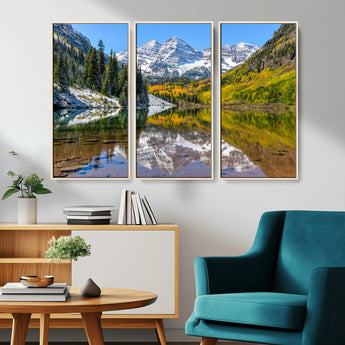 87724099-MGV-CV-36X24-Maroon Bells Wall Art Canvas Print, Framed Snowy Mountains Art Picture Print, Pine Forest Perfect Vibrant Alpine Decor Artwork
