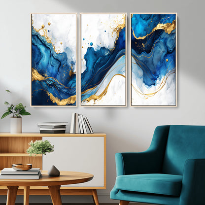 33506371-MGV-CV-36X24-Blue Marble Wall Art Canvas Print, Framed Gold Splash Art Picture Print, Abstract Wave Perfect Modern Luxe Decor Artwork