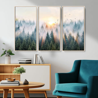 92718976-MGV-CV-36X24-Misty Forest Wall Art Canvas Print, Framed Sunrise Pines Art Picture Print, Foggy Woodland Perfect Moody Woodland Decor Artwork