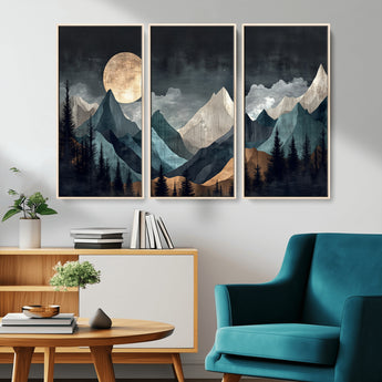 11060882-MGV-CV-36X24-Moonlit Mountains Wall Art Canvas Print, Framed Forest Silhouette Art Picture Print, Night Landscape Perfect Modern Forest Decor
