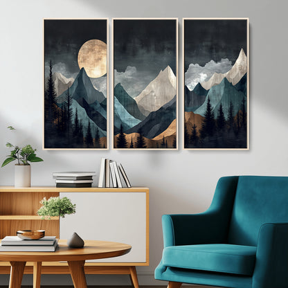 11060882-MGV-CV-36X24-Moonlit Mountains Wall Art Canvas Print, Framed Forest Silhouette Art Picture Print, Night Landscape Perfect Modern Forest Decor