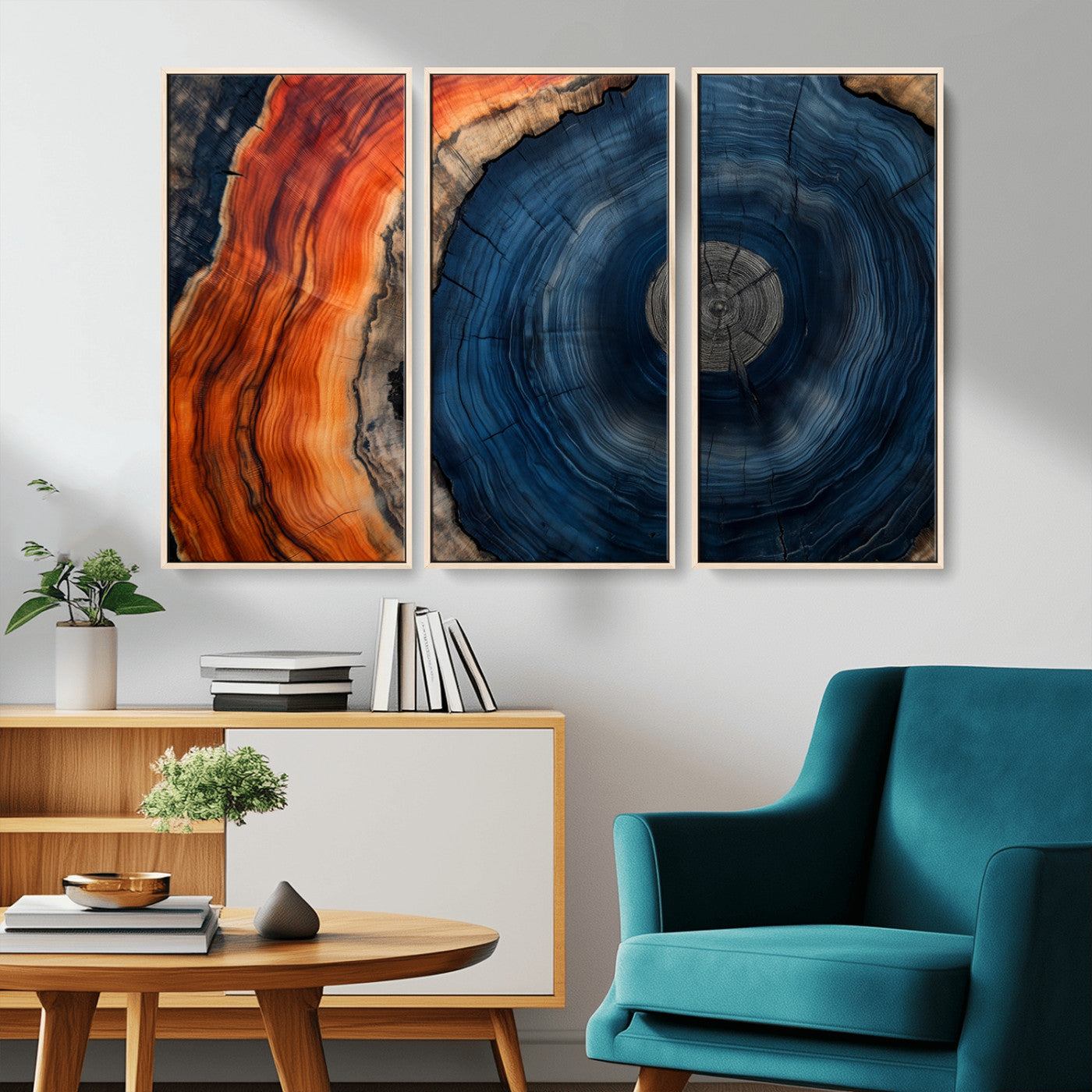 99491700-MGV-CV-36X24-Tree Ring Canvas Wall Art – Blue Orange Abstract Wood Grain Print, Rustic Modern Nature Artwork for Living Room, Office, Bedroom
