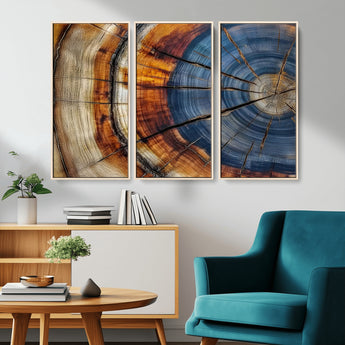 18032999-MGV-CV-36X24-Tree Ring Wall Art – Blue Brown Abstract Wood Slice Canvas Print, Rustic Modern Nature Decor for Living Room, Office, Bedroom or