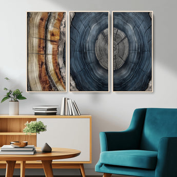 91368647-MGV-CV-36X24-Smoky Blue Tree Ring Wall Art – Rustic Wood Cross Section Canvas Print, Modern Nature Inspired Decor for Living Room, Office, or