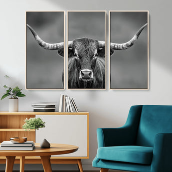 81228550-MGV-CV-36X24-Framed Texas Longhorn Bull Art Canvas Print, Western Bull Wall Art Print, Long Horn Bull Photo Print for Log Cabin, Large Bull