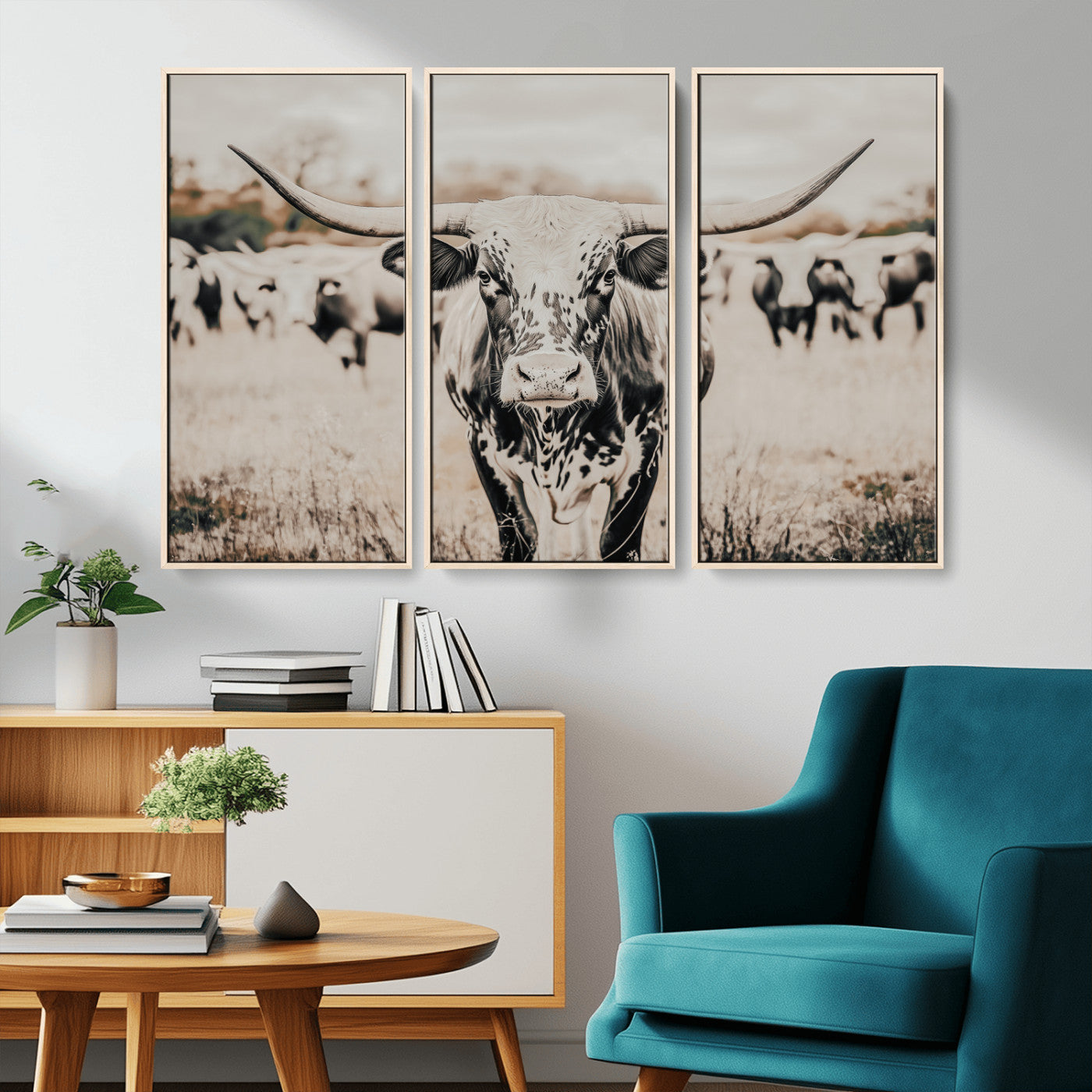 27497342-MGV-CV-36X24-Texas Longhorn Wall Art Canvas Print, Framed Speckled Cow Art Picture Print, Horned Cattle Perfect Rustic Western Decor Artwork