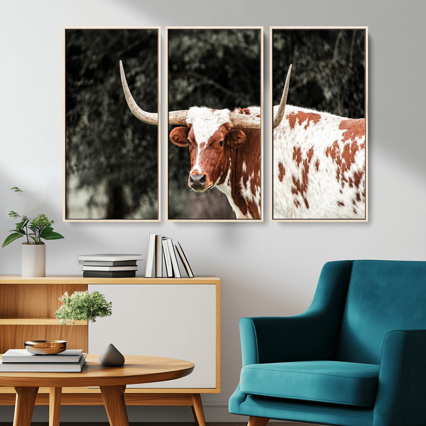 54027638-MGV-CV-36X24-Texas Longhorn Wall Art Canvas Print, Framed Spotted Cow Art Picture Print, Horned Bull Perfect Rustic Western Decor Artwork