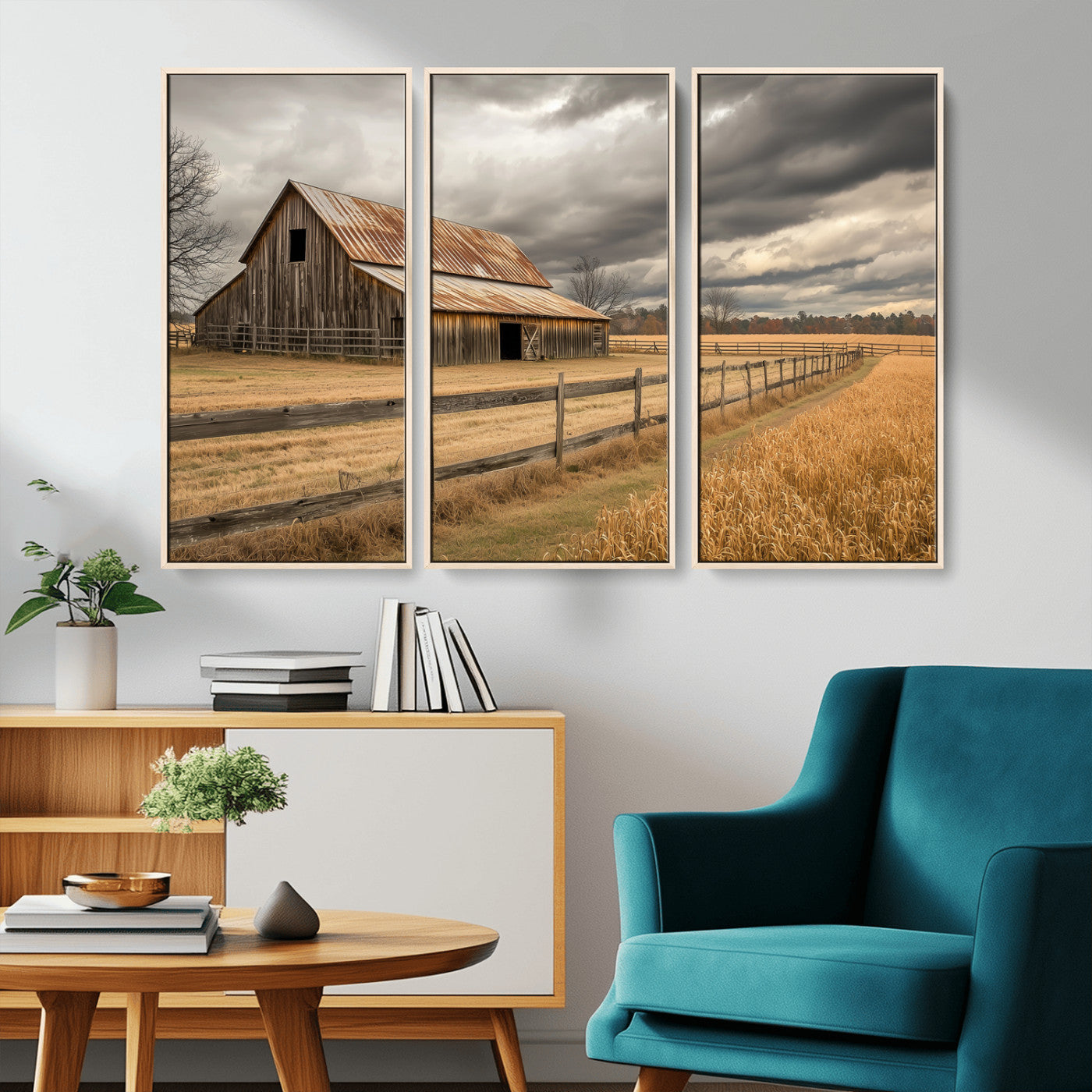 26821575-MGV-FC-48X32-3P_Natural-Old Barn Wall Art Canvas Print, Framed Rustic Barn Art Picture Print, Moody Farm Perfect Rustic Farmhouse Decor Artwork