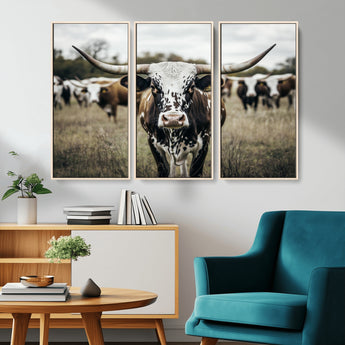 79025945-MGV-FC-48X32-3P_Natural-Texas Longhorn Wall Art Canvas Print, Framed Speckled Cow Art Picture Print, Horned Cattle Perfect Rustic Western Decor Artwork
