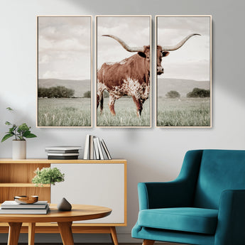 28309012-MGV-CV-36X24-Texas Longhorn Wall Art Canvas Print, Framed Spotted Cattle Art Picture Print, Horned Bull Perfect Rustic Western Decor Artwork