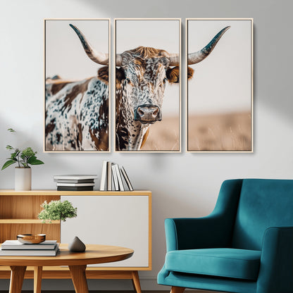 70414966-MGV-CV-36X24-Texas Longhorn Wall Art Canvas Print, Framed Speckled Cow Art Picture Print, Horned Bull Perfect Rustic Western Decor Artwork