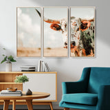 72766375-MGV-CV-36X24-Texas Longhorn Wall Art Canvas Print, Framed Spotted Cow Art Picture Print, Horned Cattle Perfect Rustic Western Decor Artwork