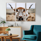 76294381-MGV-FC-48X32-3P_Natural-Texas Longhorn Wall Art Canvas Print, Framed Spotted Cow Art Picture Print, Horned Cattle Perfect Rustic Western Decor Artwork