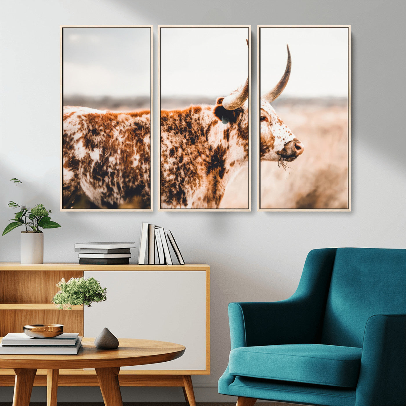 11528295-MGV-CV-36X24-Speckled Longhorn Wall Art Canvas Print, Framed Texas Cattle Art Picture Print, Horned Cow Perfect Rustic Western Decor Artwork