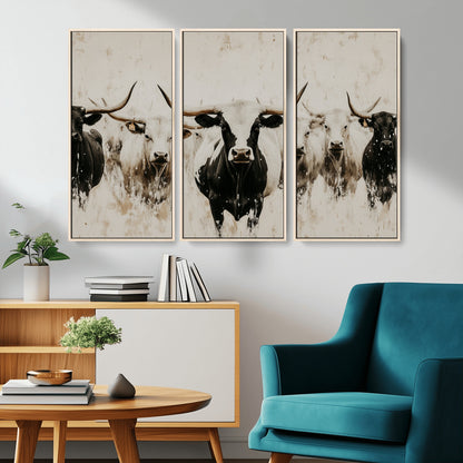 12027562-MGV-CV-36X24-Longhorn Cattle Wall Art Canvas Print, Framed Bison Herd Art Picture Print, Cattle Group Perfect Rustic Farmhouse Decor Artwork