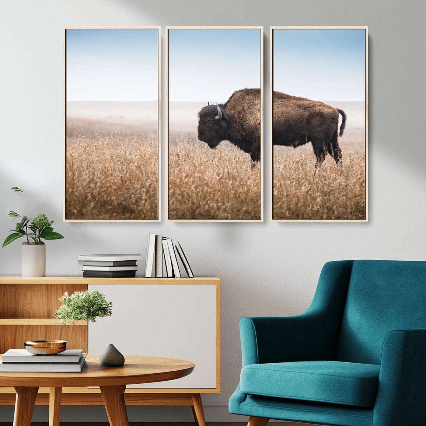 91267849-MGV-FC-48X32-3P_Natural-Wild Bison Wall Art Canvas Print, Framed Bison in Prairie Art Picture Print, Rustic Western Perfect Rustic Western Decor Artwork