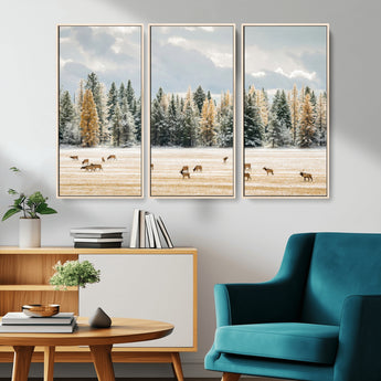 64188182-MGV-CV-36X24-Elk Herd Wall Art Canvas Print, Framed Snowy Forest Art Picture Print, Forest Elks Perfect Neutral Rustic Decor Artwork