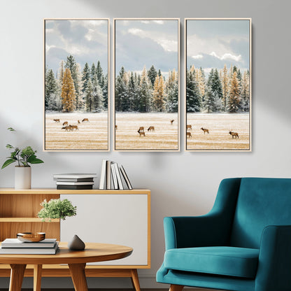64188182-MGV-CV-36X24-Elk Herd Wall Art Canvas Print, Framed Snowy Forest Art Picture Print, Forest Elks Perfect Neutral Rustic Decor Artwork