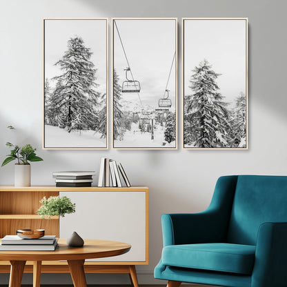 55003599-MGV-CV-36X24-Snowy Ski Lift Wall Art Canvas Print, Framed Winter Forest Art Picture Print, Ski lift Ride Perfect Winter Lodge Decor Artwork