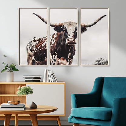 95249234-MGV-CV-36X24-Texas Longhorn Wall Art Canvas Print, Framed Spotted Bull Art Picture Print, Horned Cattle Perfect Rustic Farmhouse Decor Artwork