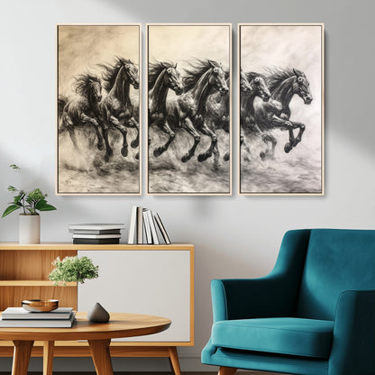 56089591-MGV-CV-36X24-Galloping Horses Wall Art Canvas Print, Framed Wild Stallions Art Picture Print, Horse Herd Sketch Perfect Monochrome Dynamic