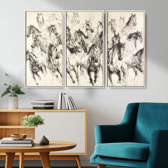 19433417-MGV-CV-36X24-Running Horses Wall Art Canvas Print, Framed Horse Sketch Art Picture Print, Galloping Herd Perfect Monochrome Western Decor