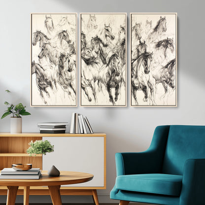 19433417-MGV-CV-36X24-Running Horses Wall Art Canvas Print, Framed Horse Sketch Art Picture Print, Galloping Herd Perfect Monochrome Western Decor