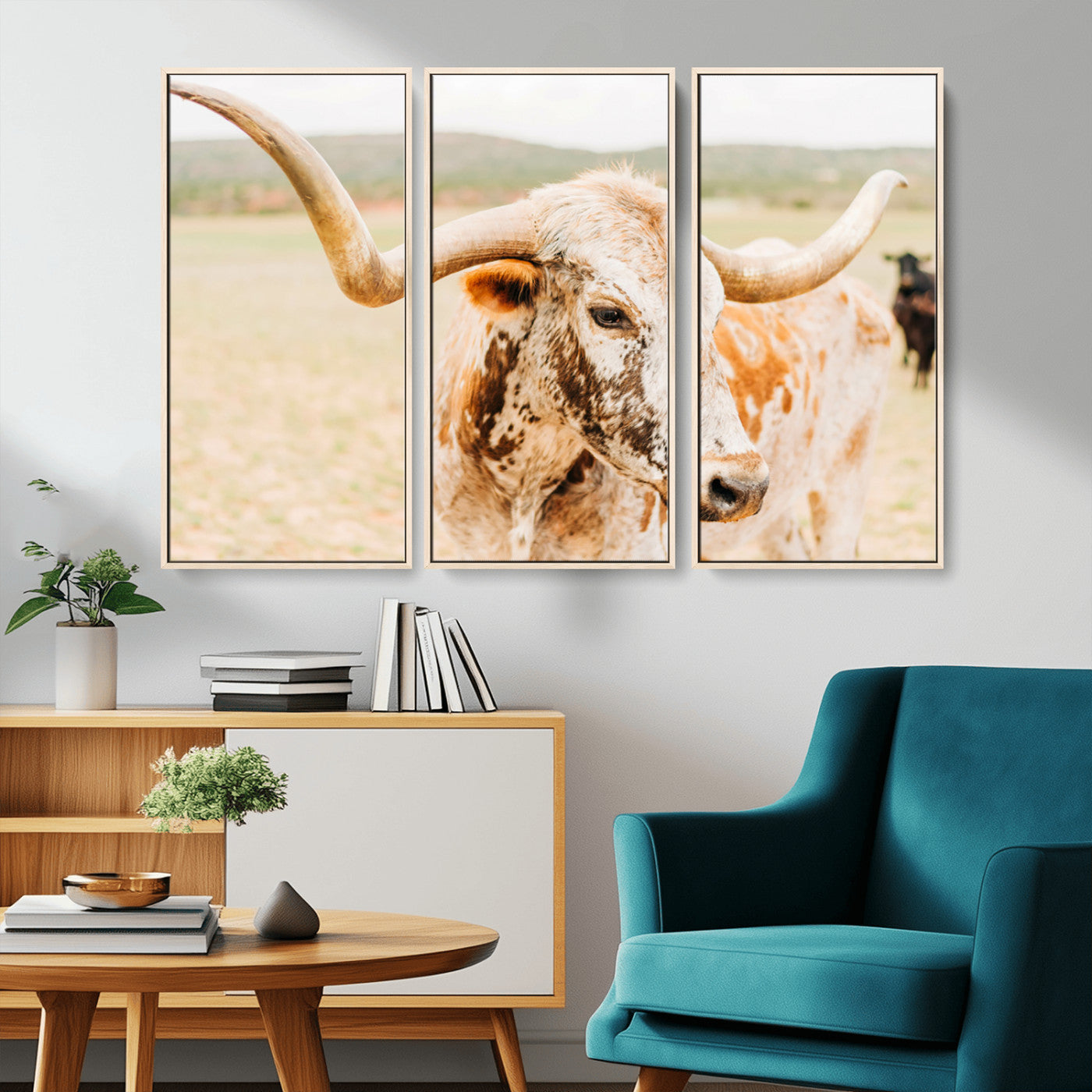 21060648-MGV-CV-36X24-Texas Longhorn Wall Art Canvas Print, Framed Speckled Cow Art Picture Print, Rustic Bull Perfect Rustic Western Decor Artwork