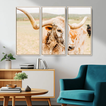 21060648-MGV-CV-36X24-Texas Longhorn Wall Art Canvas Print, Framed Speckled Cow Art Picture Print, Rustic Bull Perfect Rustic Western Decor Artwork