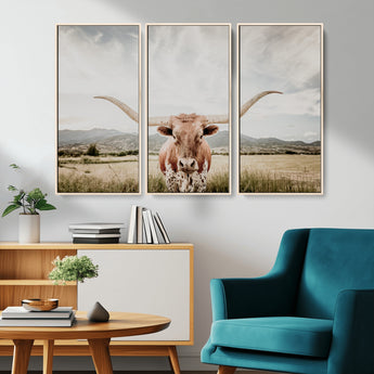 80054319-MGV-CV-36X24-Texas Longhorn Wall Art Canvas Print, Framed Western Cow Art Picture Print, Rustic Farmhouse Perfect Farmhouse Decor Artwork